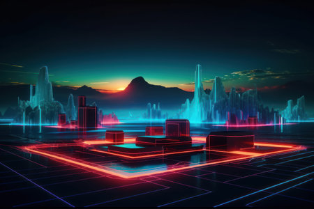 Futuristic city at night with neon lights. 3d renderingの素材