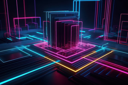 3d render, abstract background with glowing neon squares and lines, cyberpunk styleの素材