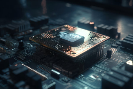 Computer processor with microchips on the motherboard. 3D renderingの素材