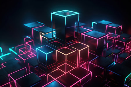 3d rendering of abstract background with neon cubes. 3d illustrationの素材