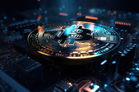 Bitcoin cryptocurrency coin on computer circuit board background. 3d illustration.の素材