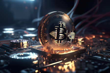 Golden bitcoin on computer board. Cryptocurrency concept. 3D Renderingの素材