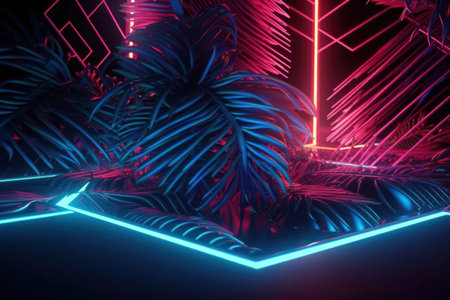 Abstract neon background with palm leaves. 3d rendering, 3d illustration.の素材
