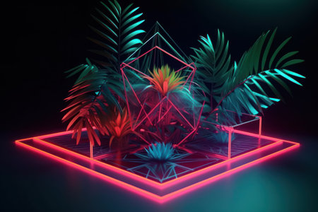 Abstract neon background with palm leaves and geometric shapes. 3D Renderingの素材