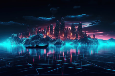 Fantasy landscape with a ship in the water. 3d renderingの素材