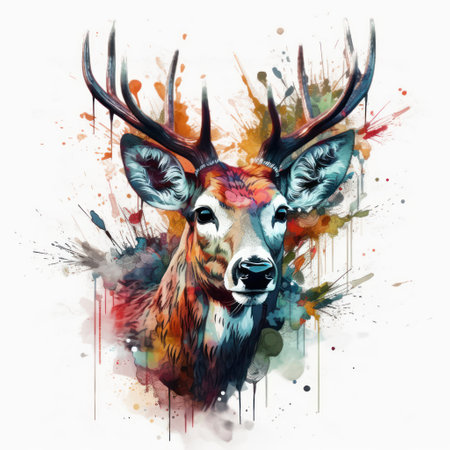 Watercolor portrait of a wild deer with large antlers and colorful splashesの素材
