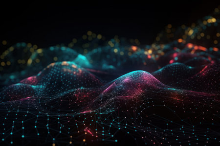 3d rendering of abstract digital landscape with connecting dots and lines on dark backgroundの素材