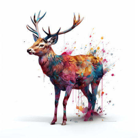 Watercolor deer with antlers and colorful splashes isolated on white backgroundの素材