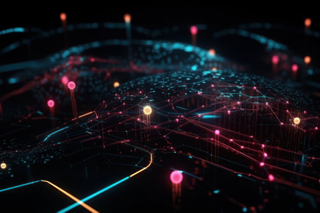 3d rendering of abstract technology concept with connection lines on dark backgroundの素材