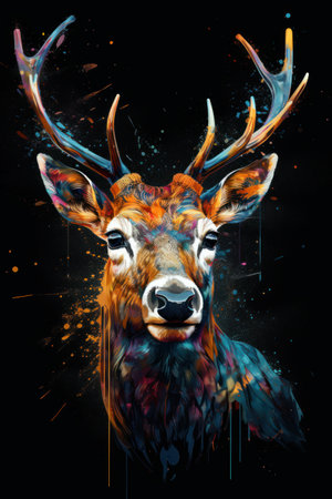 deer head with colorful splashes on black background, art illustrationの素材