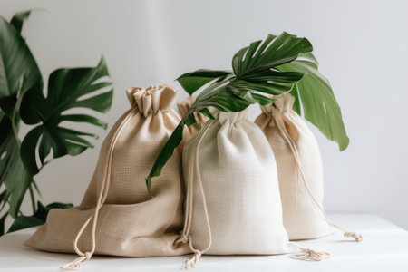 Zero waste, plastic free concept. Eco friendly bags with tropical leaves on white backgroundの素材