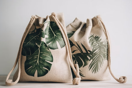 Eco bag with tropical leaves. Zero waste concept. sustainable lifestyle.の素材