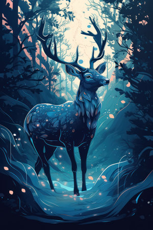 Illustration of a deer in the forest with lights in the backgroundの素材