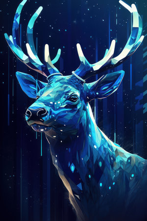 Digital illustration of a deer head in a low poly style with blue lights.の素材