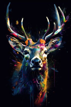 Digital painting of a wild deer with colorful paint splashes on black backgroundの素材