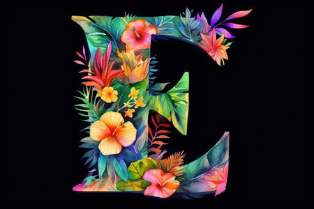 Colorful letter E with tropical flowers and leaves on a black backgroundの素材