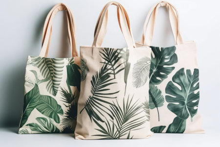 Beige and brown reusable shopping bags with tropical leaves on white backgroundの素材
