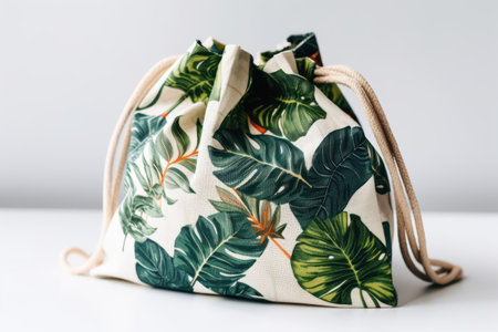 Stylish handbag decorated with tropical leaves on a white background.の素材
