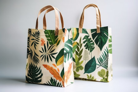 Shopping paper bags with floral pattern on white background. selective focus.の素材