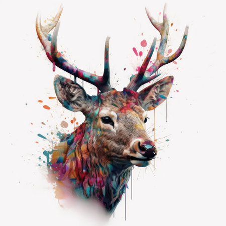 Digital painting of a wild deer head with paint splashes on white backgroundの素材