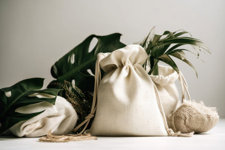 Flat lay composition with eco bag and tropical leaves. Zero waste concept.の素材