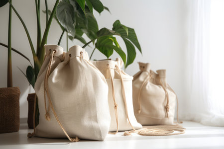 Stylish eco bags on windowsill, space for text. sustainable lifestyleの素材