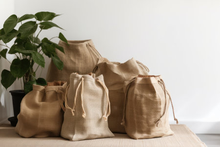 Bags with different eco products on table against white wall, closeupの素材