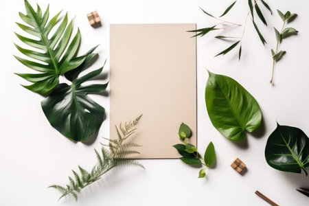 Flat lay composition with blank card and tropical leaves on white backgroundの素材
