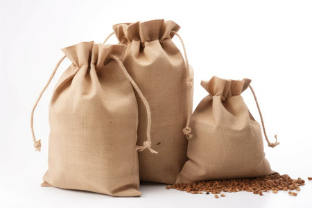 Bag of buckwheat and coffee beans isolated on white backgroundの素材