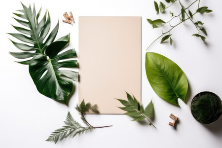 Creative layout made of tropical leaves and notebook on white background. Flat lay, top view.の素材