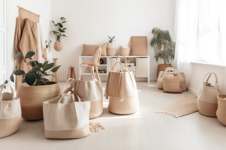 Beige eco bags in the interior of the room. Zero waste conceptの素材