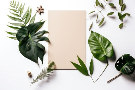 Creative layout made of tropical leaves on white background. Flat lay, top view.の素材