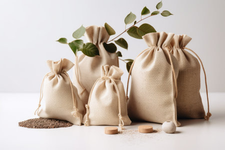 Bags with buckwheat grains and seeds on white table, closeupの素材