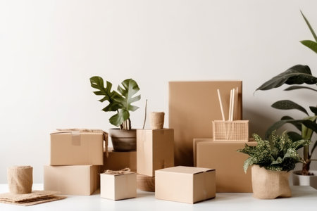 close up view of cardboard boxes and houseplants on white surfaceの素材