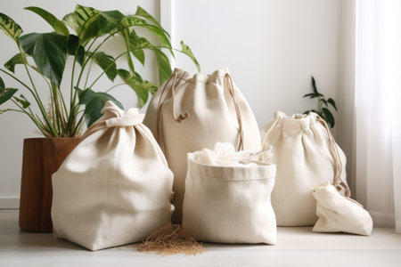 Stylish eco bags on white wooden floor indoors, space for textの素材