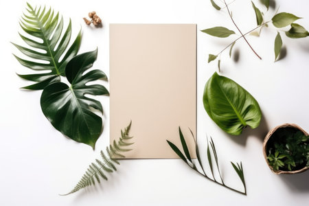 Flat lay composition with blank paper sheet, tropical leaves and plants on white backgroundの素材