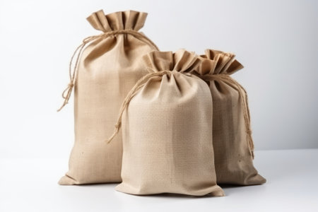 Three burlap sacks on a white background, close-up.の素材