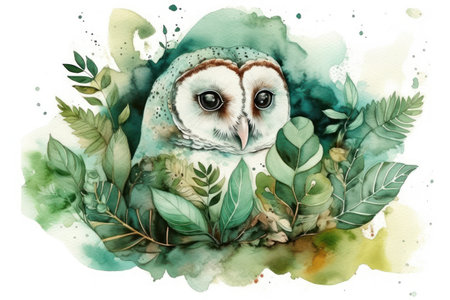 Watercolor owl with green leaves. Hand drawn watercolor illustration.の素材
