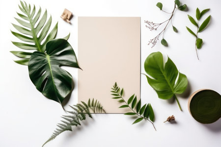 Creative layout made of tropical leaves. Flat lay, top view, copy spaceの素材