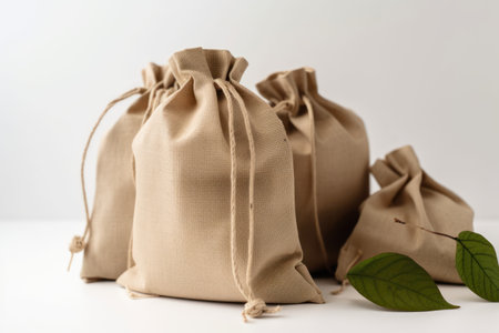 Bag of burlap on a white background with a green leafの素材