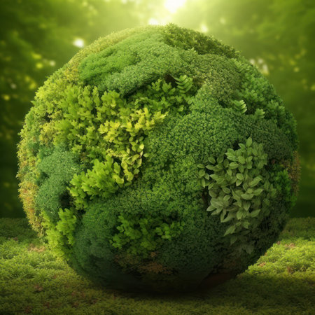 3d rendering of a green globe in a grassy forest.の素材
