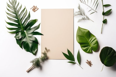 Creative layout made of tropical leaves and copy space. flat lay.の素材