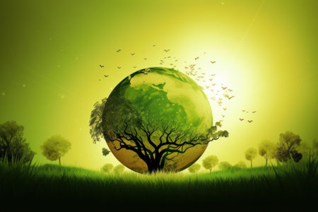 Ecology concept with tree and planet in the green grass background.の素材