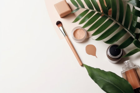 Flat lay composition with cosmetic products and palm leaf on color backgroundの素材