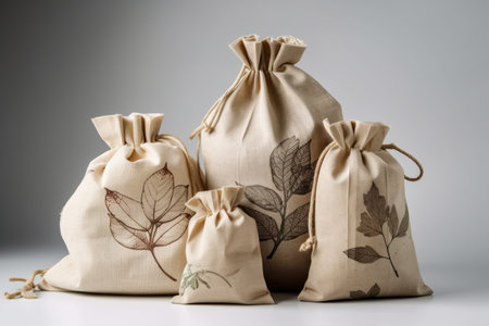 Bags of different sizes and colors with floral pattern on a white backgroundの素材