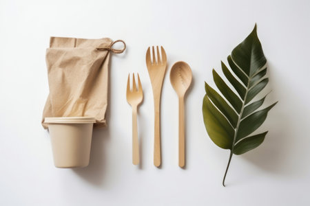 Eco friendly disposable tableware made of natural materials on white backgroundの素材
