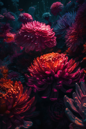 Colorful chrysanthemum flowers close-up. dark background.の素材
