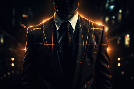 Businessman in dark with glowing city lights on background. mixed mediaの素材