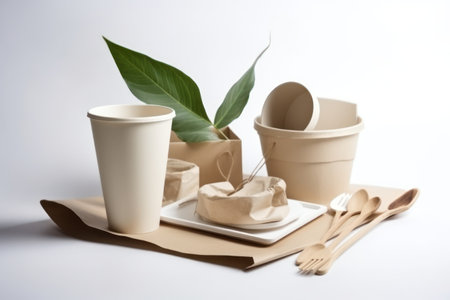 Eco-friendly disposable tableware on a white background. Zero waste concept.の素材