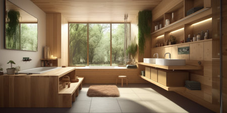 3d rendering of a modern bathroom in a wooden house with a large windowの素材